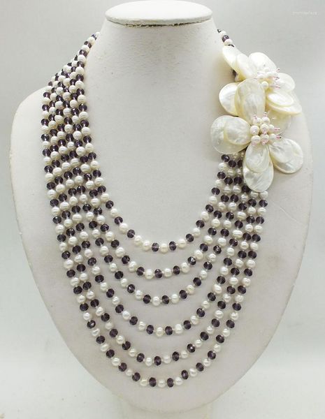 Girocollo Abbastanza! 6 file di perle bianche naturali / fiori di conchiglia di cristallo classica collana da sposa