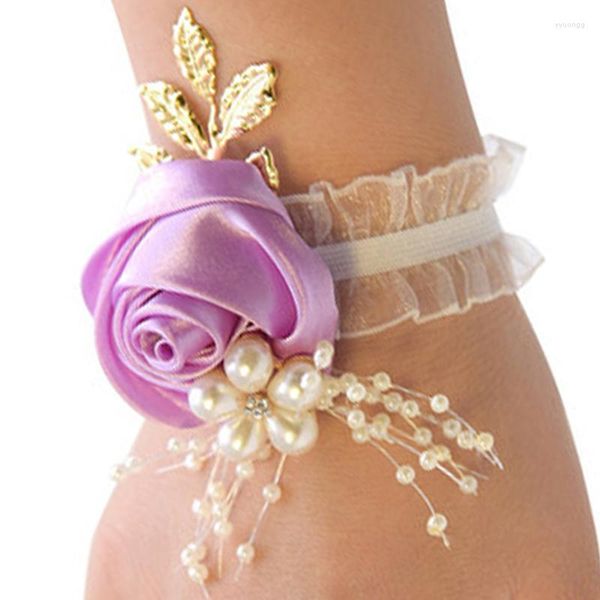 Dekorative Blumen Brautjungfer Handgelenk Armband Hochzeit Abschlussball Polyester Band Rose Hand Perle Schleife Bridel Zubehör