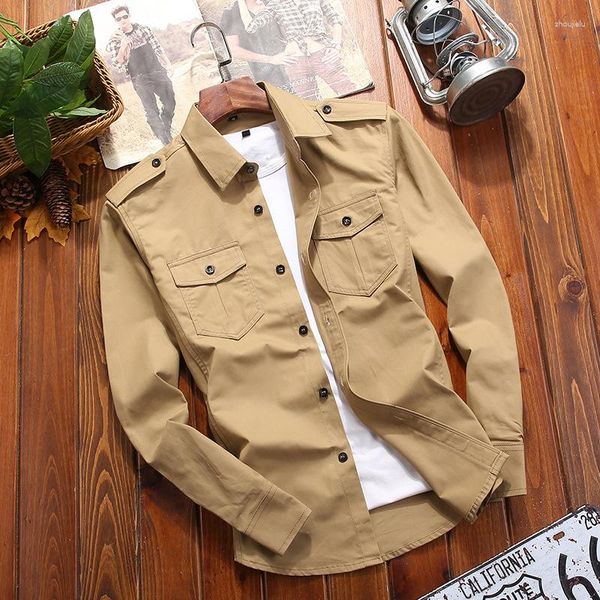 Männer Casual Hemden Militär Hemd Baumwolle Khaki Retro Slim Fit Armee Tasche Langarm Vintage Jacke Streetwear Drop