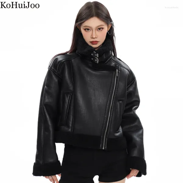 Frauen Leder Kohuijoo Herbst Winter Lammfell Kurze Jacke 2023 Dicke Warme Lammwolle Oversize Schwarz Zipper Motorrad Mantel Lose