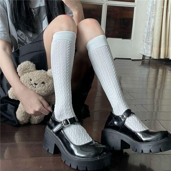 Meias femininas de verão finas de náilon meias compridas estilo JK Japão na altura do joelho lolita menina kawaii fofo sólido preto branco