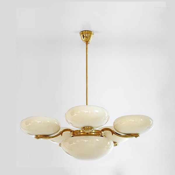 Lampade a sospensione Lampadario da soggiorno in ottone opale stile corte francese Lampadario in vetro a 3 teste in oro vintage Materiale in rame puro 5 Illuminazione