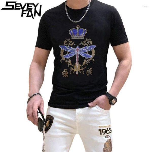 Erkekler Tişörtleri Seveyfan Tee Hip Hop Rhinestone Crown Dragonfly Baskı Matkap Tees Erkekler Erkek Kadın İçin Dimond Track T-Shirt