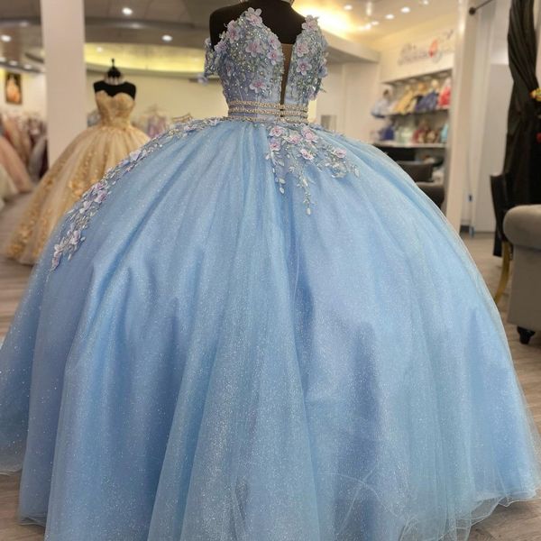 Céu Azul Brilhante Quinceanera Vestidos Vestido de Baile Off the Shoulder Crystal 3D Flowers Sweet 15 16 Year Princess Dresses vestidos de 15 anos