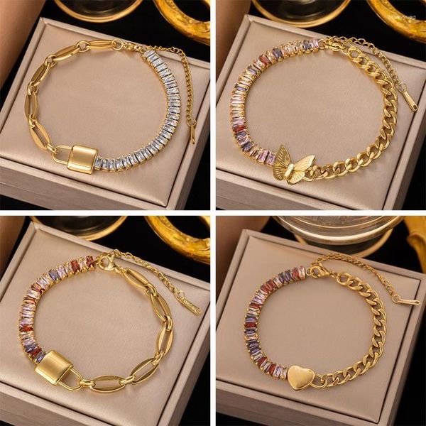 Pulseiras de elo de titânio pulseira de aço inoxidável para mulheres femininas punk coração borboleta colorida zircônia ouro 18 quilates corrente cor jóias