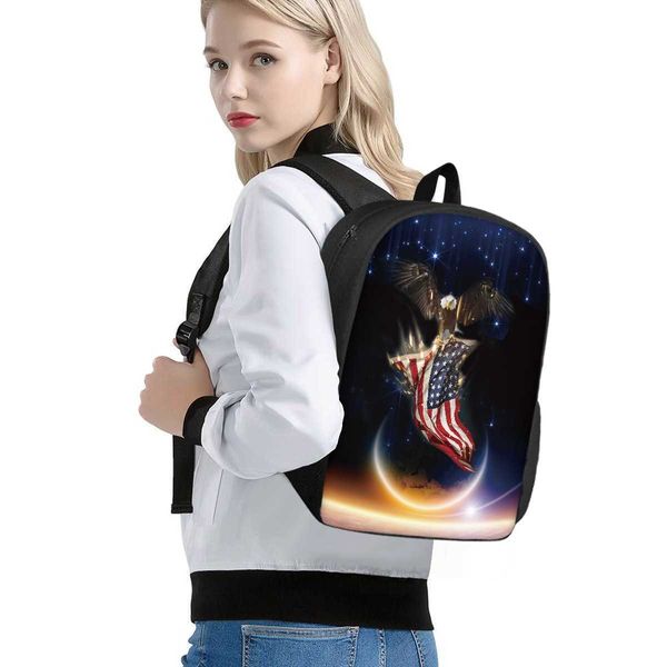 Mochila Bolsa para Computador com Listras Estrelas Bandeira Águia Respirável Durável Mochila Escolar para Estudantes Bolsa de Viagem Impressão