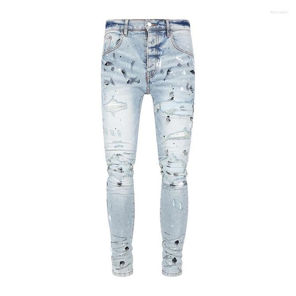 Jeans masculino 2023 Streetwear Speckle Paint Dot Patch Ink Painted Rasgado Moda Azul Claro Buracos Skinny Stretch Jeans Stretch