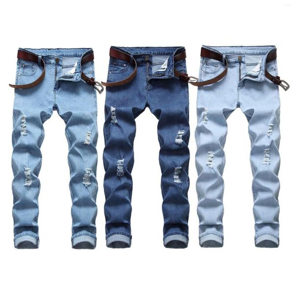 Jeans da uomo Pantaloni da cowboy dritti in cotone maschile strappati blu strappati elasticizzati slim fit Pantaloni da denim lunghi casual da ragazzo alla moda