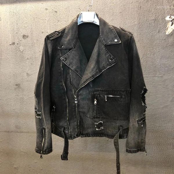 Мужские куртки уличная мода мужская куртка ретро чернокожие серые дизайнер на молнии разрушенного панка разорванного джинсового байкера хип -хопа Chaqueta hombre