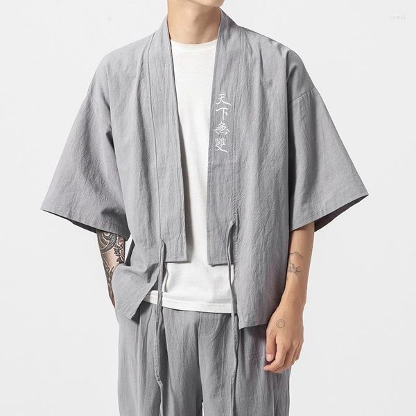 Ethnische Kleidung Übergroße Sommer dünne Strickjacke Mantel Retro bestickt HanFu Set chinesische Kimono Robe Anzug Herren 3/4 Ärmel Tang Jacke