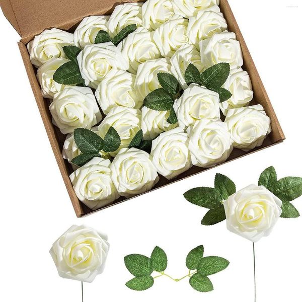 Flores decorativas caixa de presente artificial espuma PE rosa com haste 25 para casamento faça você mesmo flor ornamental dia dos namorados