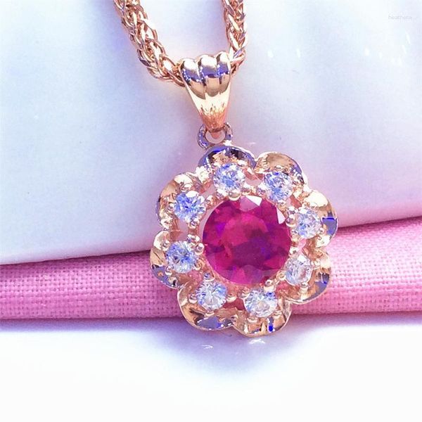 Correntes 585 Banhado a Ouro Roxo 14K Rosa Incrustado Flores de Rubi Colar Pingente Para Mulher Luxo Glamour Noivado Jóias de Casamento