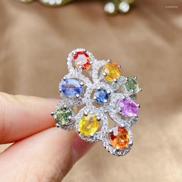 Cluster Rings Luxurious Sapphire Ring For Party 9 Pieces Natural Silver 925 Multi-color Rin