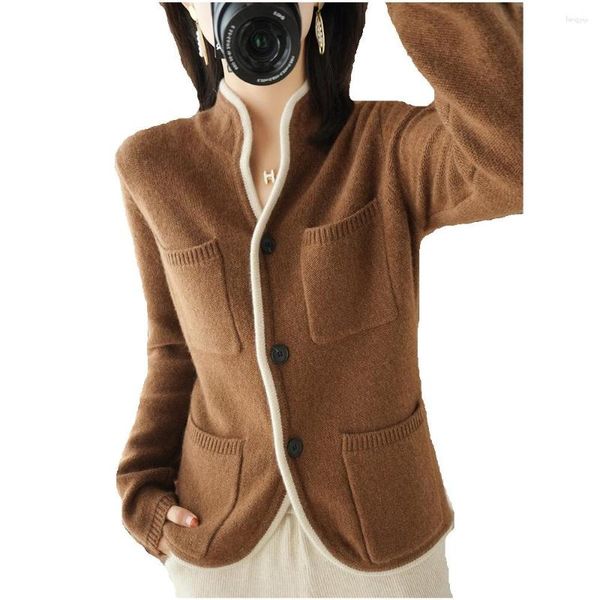 Suéter de lana de Cachemira de punto para mujer, cárdigan con cuello levantado para otoño e invierno, Tops de punto informales, chaqueta coreana de talla grande para mujer FS1283 2023