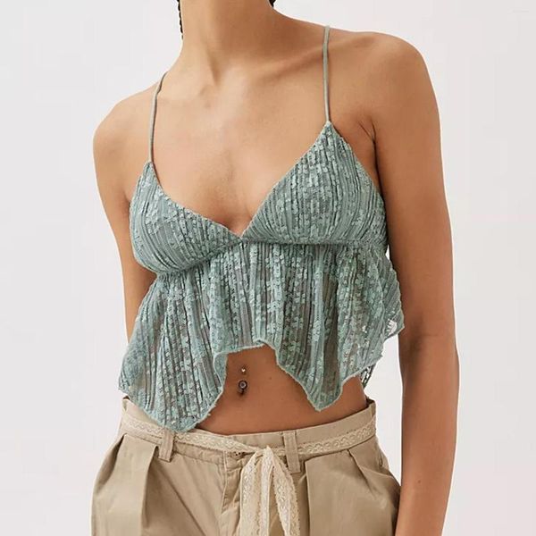 Damen Tanks Frauen Crop Top Ärmellos Spaghettiträger Sexy Camisoles Rückenfrei Y2K Lässige Mode Spitze Spicy Girl Tops Wickelbrust