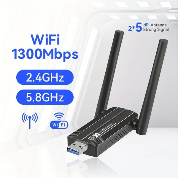 Masaüstü PC Ağı Adaptörü için Kablosuz Adaptör, PC 1300Mbps için Kablosuz USB WiFi Adaptörü, Süper USB 3.0, Çift 5DBI Yüksek Kazançlı WiFi Anten, 5.8G/2.4G Çift Bant WiFi Adaptör