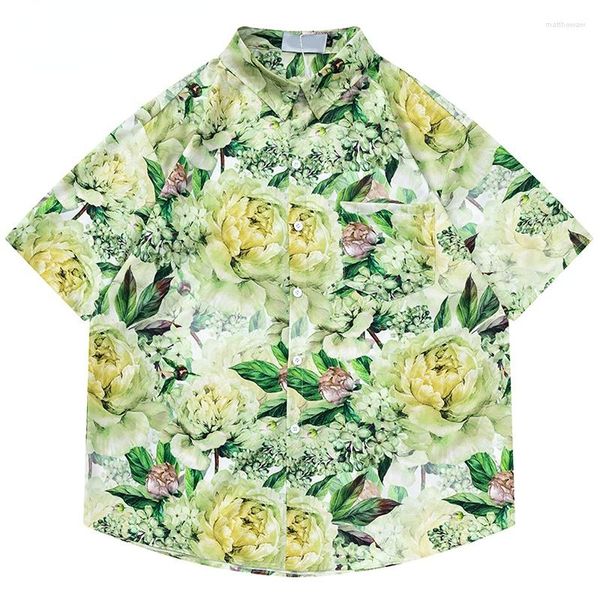 Camisas casuais masculinas verão botão camisa havaiana praia hip hop peônia flor gráfico blusas 2023 streetwear moda harajuku aloha