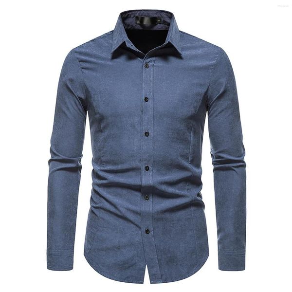 Camisas Casuais Masculinas Camisa Masculina Vintage Cor Sólida Manga Comprida Blusa Magra Tops Turn-down-Collar Button Cardigã Túnica Empresarial