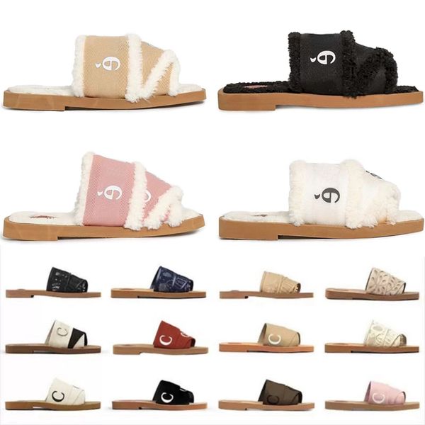 Designer-Woody-Hausschuhe für Damen, flauschige, flache Pantoletten, Beige, Weiß, Schwarz, Rosa, Spitze, Schriftzug, Leinwand, flauschiges Fell, Sommer-Winter-Hausschuhe, Damen, berühmte Chloee-Sandalen