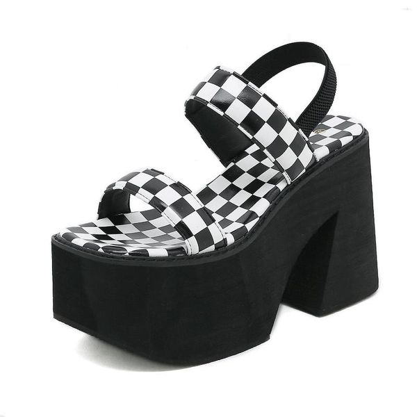 Sapatos sociais verão preto e branco xadrez botão plano moda casual sola grossa salto respirável sandálias macias E-26