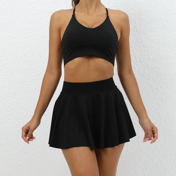 Conjuntos ativos sutiã esportivo conjunto de saia de tênis feminino verão roupas de ioga roupas de pilates roupas de treinamento senhoras preto branco roupas esportivas 2023