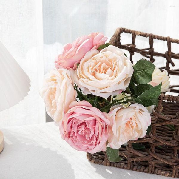 Декоративные цветы 5pc Искусственная круглая голова роза 34 см. Поддельный шелковый розовый цветок для свадебной невесты