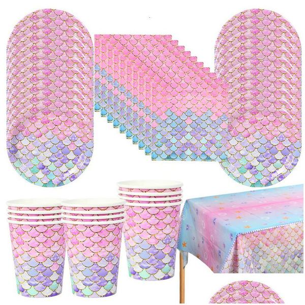 Stoviglie usa e getta 53Pcs Set Sirenetta Stoviglie per feste Piatto di carta Tazza Tovagliolo Tovaglia Forniture per decorazioni di compleanno per bambini D Dhgmn