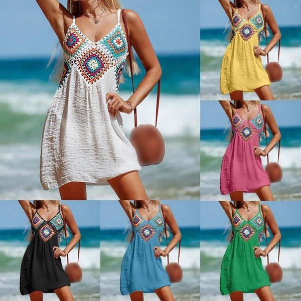 Abiti casual Abito da spiaggia Boho allentato all'uncinetto bianco per le donne Sexy tunica cava Cinturino per spaghetti Vestito estivo Copricostume da bikini estivo Abbigliamento da spiaggia