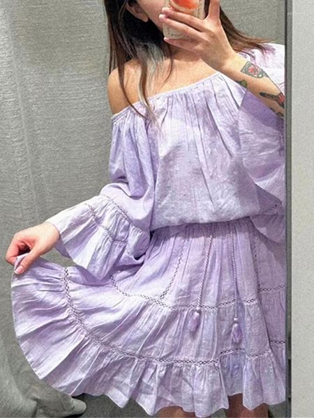 Vestidos de trabalho Feminino Roxo Branco Oco Terno Decote em O manga larga com babados Camisa ou Cintura Elástica Saia com Cordão Conjunto Lady Sweet