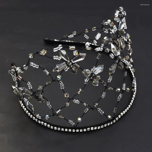 Haarspangen Schwarzer Metalldraht Kristall Perlen Haarnetz Braut Mesh Haarband Tiara Krone Luxus Braut Kopfschmuck Hochzeit Accessoires Schmuck