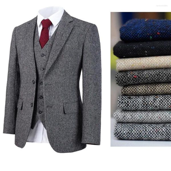 Ternos masculinos (jaqueta calça colete) Especialmente projetado para inverno tweed cinza vintage masculino roupas formais 3 peças homem padrinho casamento feito sob encomenda