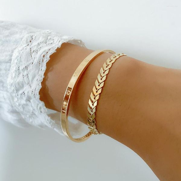 Link Armbanden Minimalistische Metallic Open Double Ball Bangle Voor Vrouwen Trendy Visgraat Bladeren Gelaagde Hand Chain Charm