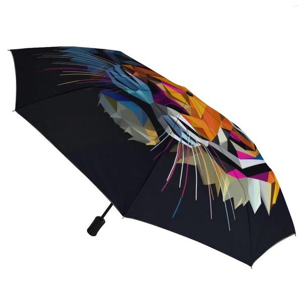 Regenschirme, Tiger, 3-fach faltbar, automatischer Regenschirm, Papierkunst, UV-Schutz, schwarzer Mantel, leicht, für Männer und Frauen