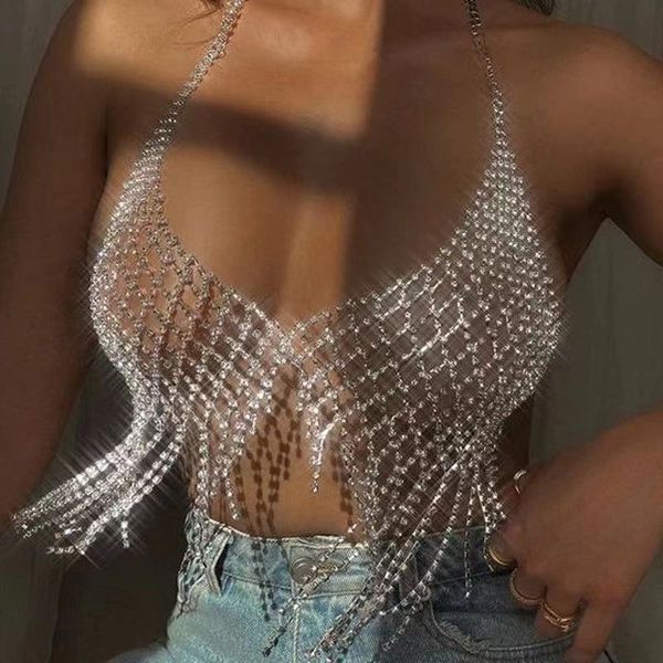 Göbek Zincirleri Shiny Bikini Kafes Vücut Zinciri Sutyen Takı Kadınlar İçin Çok Katmanlı Tassel Göğüs Aksesuarları Gece Kulübü Giysileri 230802