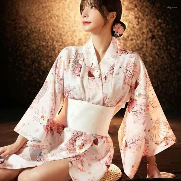 Roupas étnicas Kimono para Mulheres Japonês Tradicional Yukata Haori com Branco Obi Impresso Pogal Vestido Stage Performing Long Robe Costume