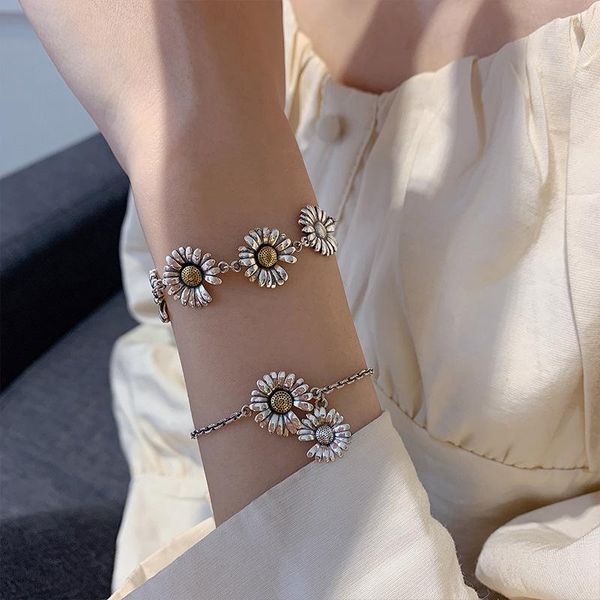 Link Armbänder Vintage Handgemachte Gänseblümchen Blume Charm Armband Für Frauen Thai Silber Kette Armreif Geschenk Party Schmuck SL669