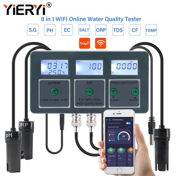 Misuratori PH Yieryi WiFi Tuya Smart PH ORP TDS EC SALT S. G TEMP CF Monitor Meter Online Acquario Tester di qualità dell'acqua Data Logger Controller 230802