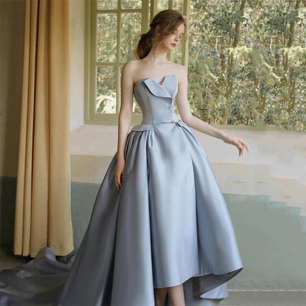 Runway Dresses Blaues Satin-Promi-Abschlussballkleid im französischen Stil, Prinzessin, A-Linie, ärmellos, trägerlos, für Damen, formelle Abendparty, Kleidung, Ball