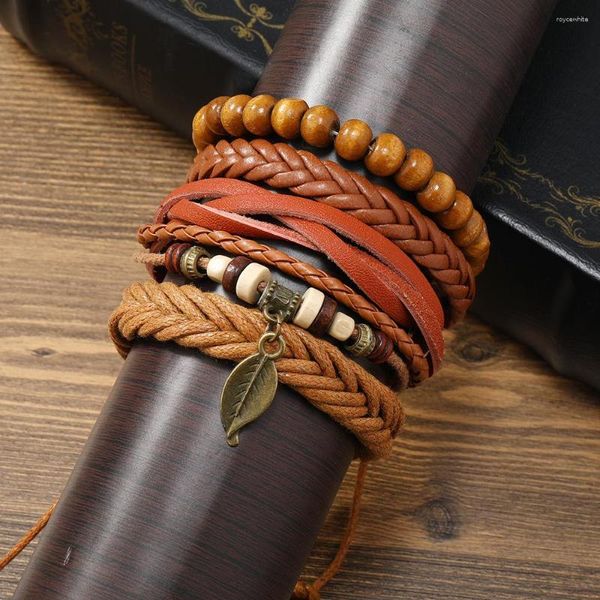 Charme Armbänder Retro Multi-schicht Leder Armband Hand Gewebt DIY Blatt Legierung Braun Pflanze Für Männer Schmuck Set Hombre rave 2023