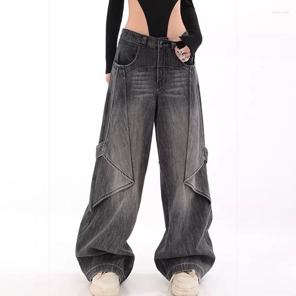 Женские джинсы ретро лоскутные изделия с высокой талией с прямой широкой ногой леди модная уличная джинсовая швабланка штаны