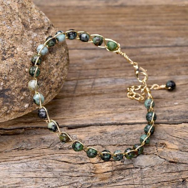 Link-Armbänder, verkupferter 18-Karat-Golddraht, handgefertigtes gewebtes Armband für Damen, zierlicher Naturstein, 4 mm Perlen, Heilung, Yoga, spirituelle Armreifen