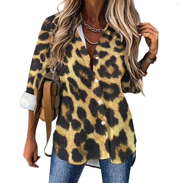 Blusas Femininas Estampa de Leopardo Blusa Gráfica Solta Padrão Pele de Animal Moda de Rua Feminina Oversize Manga Longa Camisas Cool Custom Tops