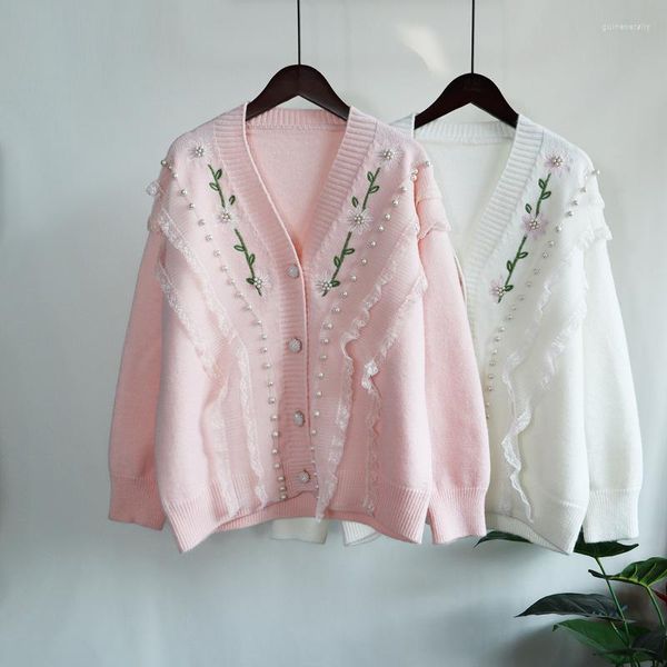 Maglioni da donna Kawaii Pink Color Ruffles Cardigan da donna Maniche lunghe Ricamo floreale Dolce allentato Casual Giacche da lavoro a maglia Lady Jumpers