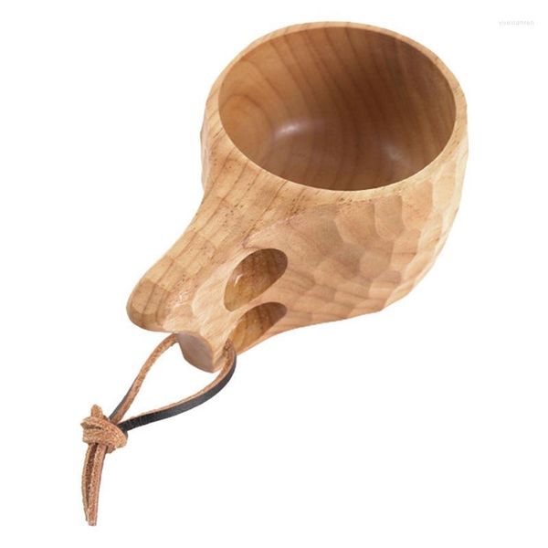 Tazze Piattini Kuksa Tazze da caffè portatili in legno con manico a due fori e gancio in corda di vacchetta in accessori per bicchieri in stile nordico