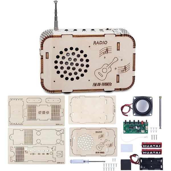 Kit radio FM in legno fai-da-te Lettore musicale con amplificatore radio 88-108MHZ con suite di progetti di assemblaggio batteria per studenti scolastici