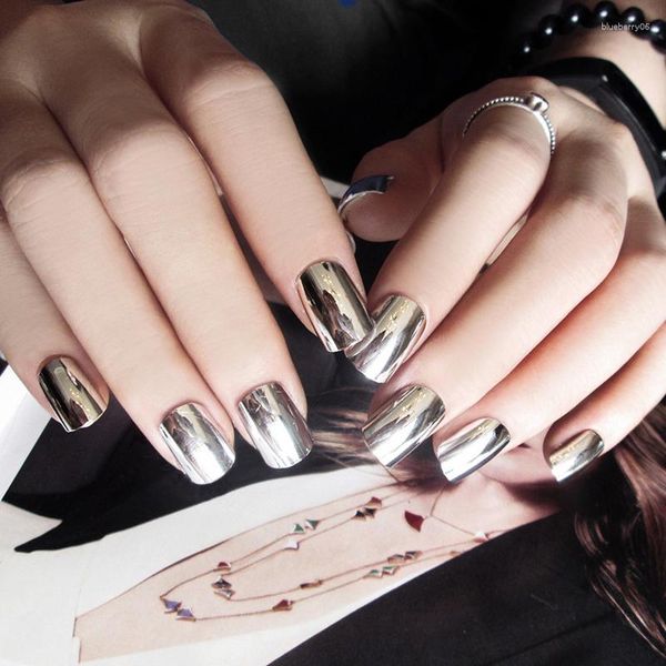 Unhas postiças 24 peças metal prata espelho alta qualidade cobertura completa manicure francesa 3D unha Kawaii