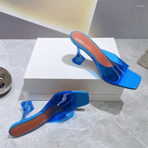 Тапочки стеклянные хрустальные каблуки на высоком каблуке квадратный носок ПВХ прозрачные сандалии вечеринка моды