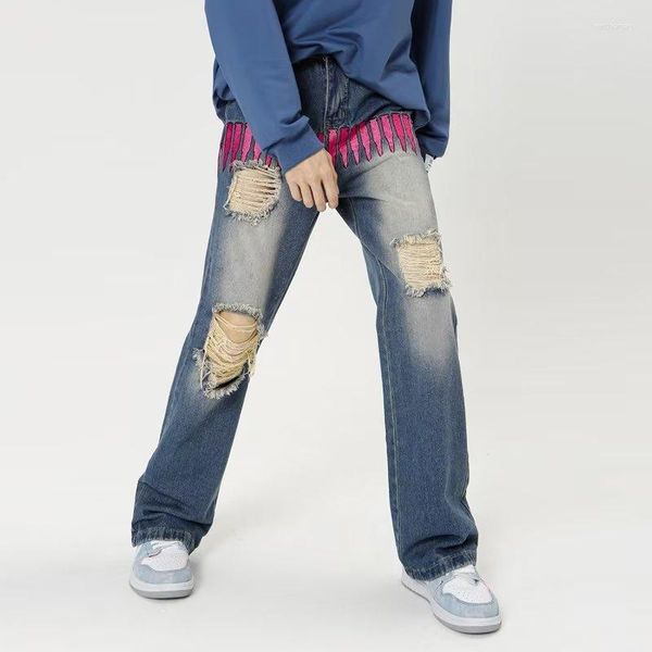 Jeans Masculino Criatividade High Street Bordados Rasgados Retos Hip-hop Retrô Soltos Calças largas largas homens e mulheres 5056