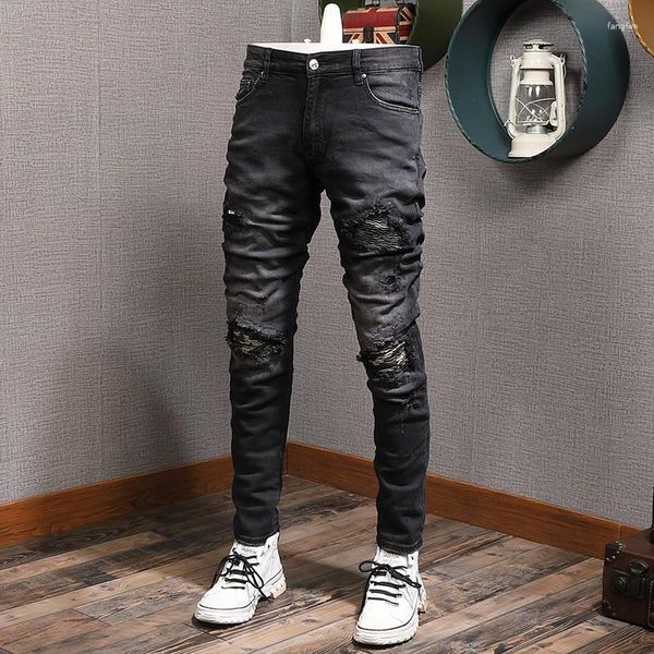 Jeans Masculino Moda de Rua Masculino Retro Preto Cinza Elástico Ajuste Justo Destroyed Rasgado Remendado Calça Denim Hip Hop De Marca