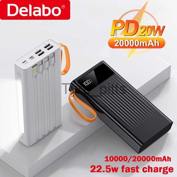 Carregadores Sem Fio Portátil Power Bank 20000mah Carregamento Rápido Poderoso Powerbank 4 USB 22.5W TIPO C PD20W 4 Cabos Lâmpada LED Telefone Carregador Portátil x0803